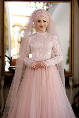 Azra Powder Pink Evening Dress With Matching Scarf - Buy Abaya Online