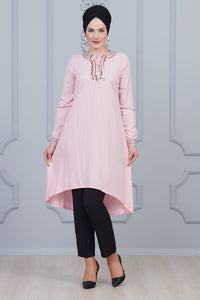 Powder Pink Modest Tunic with Collar Embroidery - Buy Abaya Online