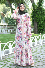 Load image into Gallery viewer, Pink Floral Pattern White Dress With Waist Bow - Buy Abaya Online