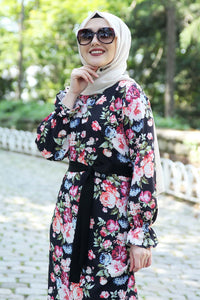 Pink Floral Pattern Black Dress With Waist Bow - Buy Abaya Online