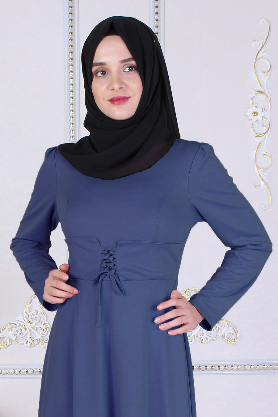 Blue Modest Dress With Waist Tie Belt - Buy Abaya Online