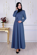 Load image into Gallery viewer, Blue Modest Dress With Waist Tie Belt - Buy Abaya Online