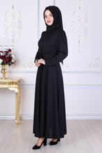 Load image into Gallery viewer, Black Modest Dress With Waist Tie Belt - Buy Abaya Online