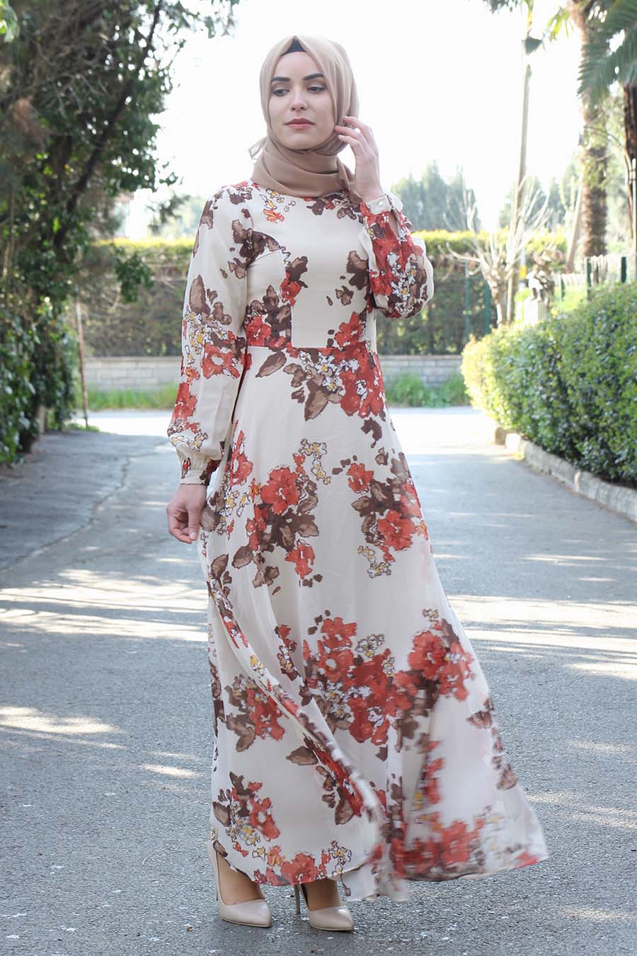 Floral Patterned Beige Dress - Buy Abaya Online