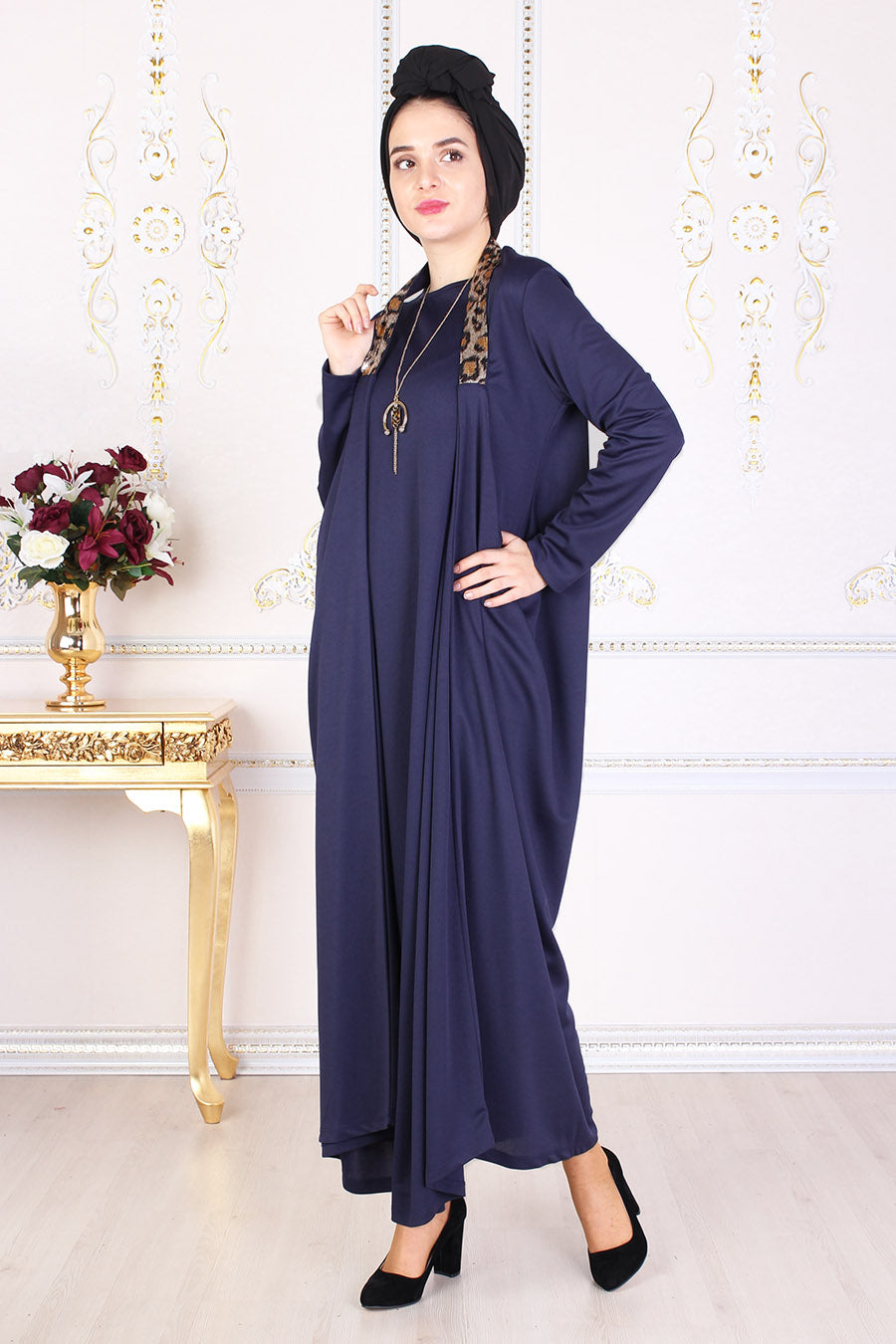 Navy Blue Modest Dress W/ Leopard Print Straps - Buy Abaya Online