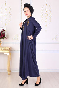 Navy Blue Modest Dress W/ Leopard Print Straps - Buy Abaya Online