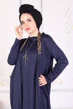 Load image into Gallery viewer, Navy Blue Modest Dress W/ Leopard Print Straps - Buy Abaya Online