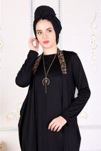 Load image into Gallery viewer, Black Modest Dress W/ Leopard Print Straps - Buy Abaya Online