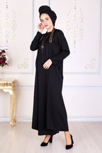 Load image into Gallery viewer, Black Modest Dress W/ Leopard Print Straps - Buy Abaya Online