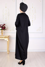 Load image into Gallery viewer, Black Modest Dress W/ Leopard Print Straps - Buy Abaya Online