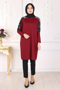 Sequin Detailed Claret Red Tunic - Buy Abaya Online