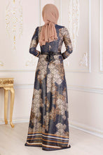 Load image into Gallery viewer, Navy Blue &amp; Gold Pattern Dress - Buy Abaya Online