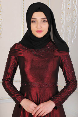 Pearl Detailed Claret Red Modest Evening Dress - Buy Abaya Online