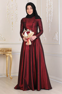Pearl Detailed Claret Red Modest Evening Dress - Buy Abaya Online