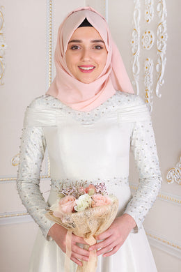 Pearl Detailed Ecru Modest Evening Dress - Buy Abaya Online