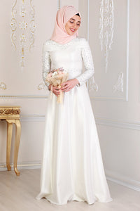 Pearl Detailed Ecru Modest Evening Dress - Buy Abaya Online