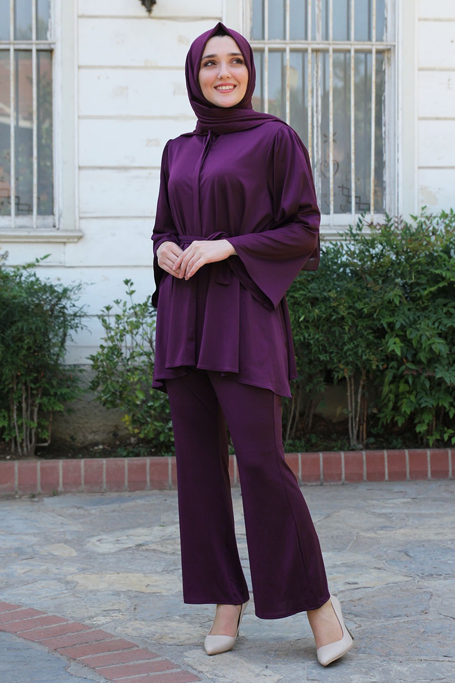 Purple Modest Tunic And Trouser Set With Belt - Buy Abaya Online